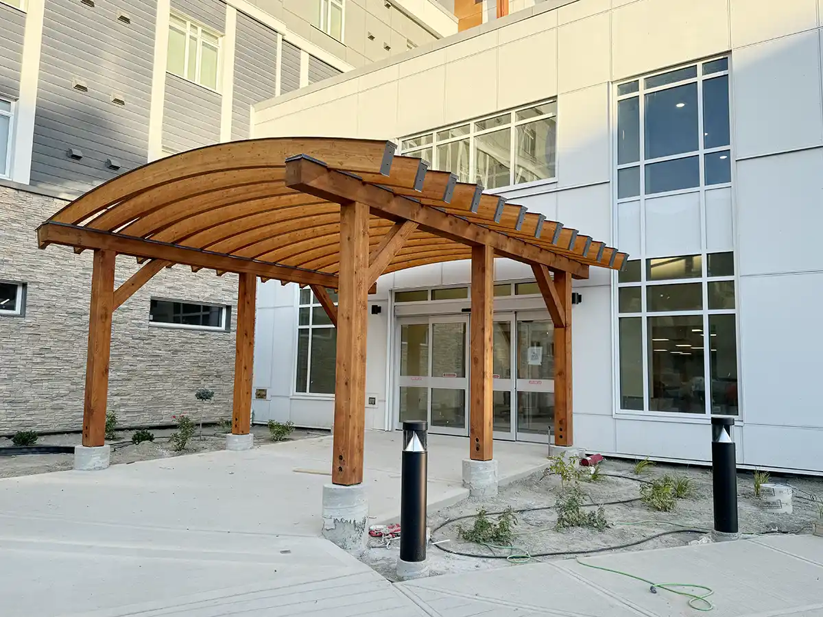 business entry design, timberframe, welcoming