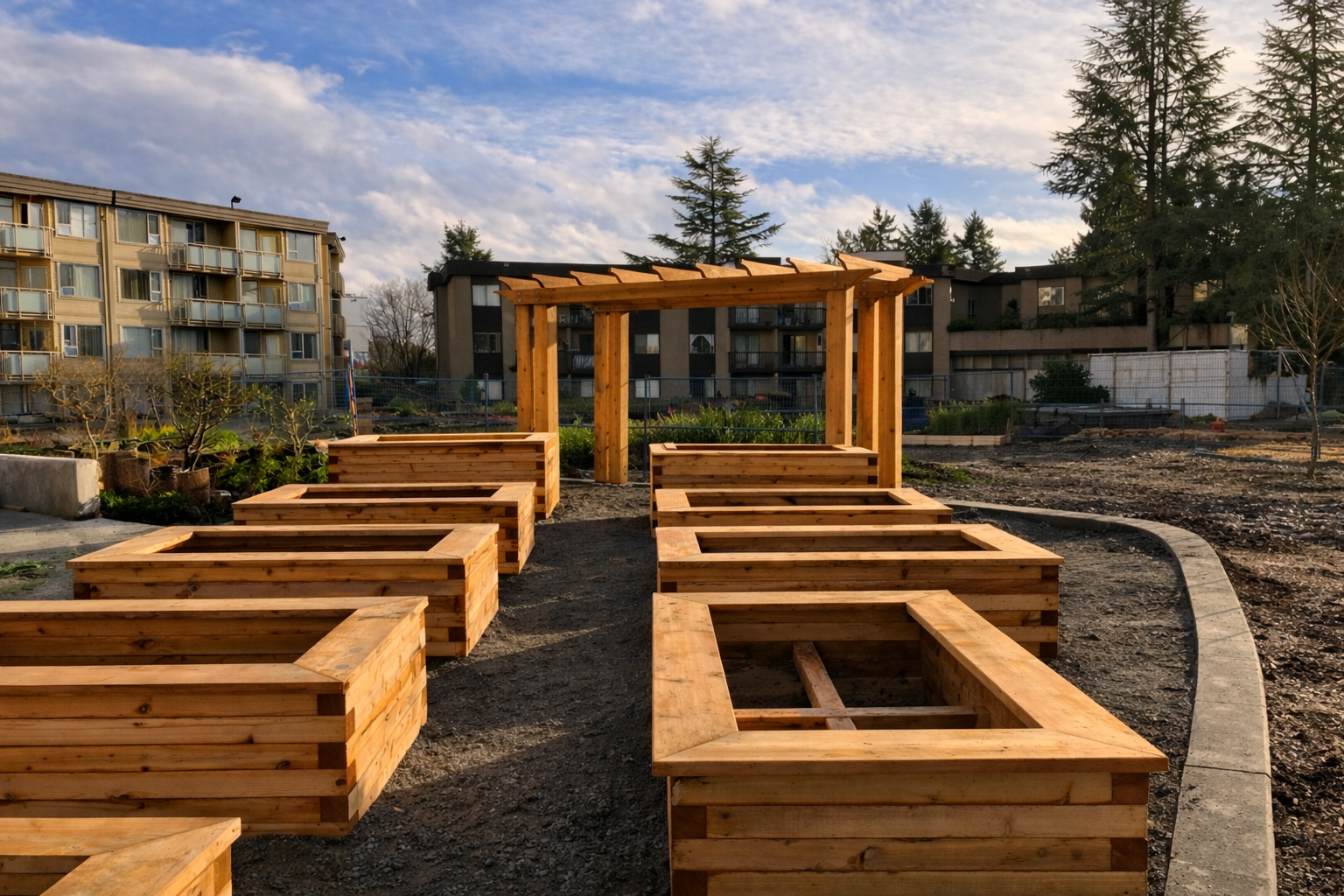 Timber Garden boxes, Pergola, Community Garden